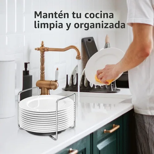 Vista 5 de Organizador de Platos para Cajón de Cocina - Estantes de Platos de Bambú para Encimera de Cocina, Organizador de Platos y Cuencos de Acero Negro-2s