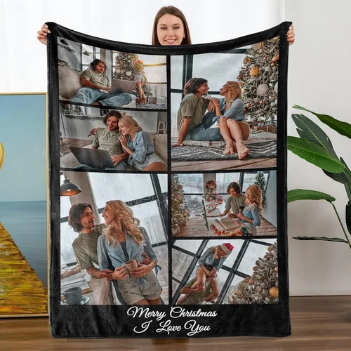 Vista 24 de Mantas personalizadas con fotos, manta personalizada con nombre de imagen para esposa, marido, novio, novia, aniversario, Navidad, cumpleaños, 1 Foto