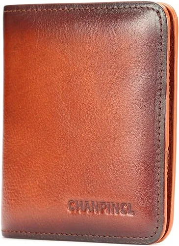 Vista 4 de Cartera de cuero con cremallera para hombre, con bloqueo RFID, mini billetera portátil con múltiples ranuras para tarjetas para billetes, marrón