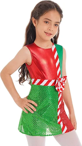 Vista 2 de JEATHA Vestido de leotardo de lentejuelas metálicas brillantes para niños y niñas, diseño de bloques de color a rayas, con lazo