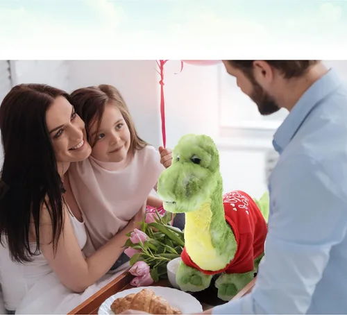 Vista 7 de DolliBu Peluche de dinosaurio verde I Love You, lindo animal de peluche con camisa roja y nombre personalizado para San Valentín, 10 pulgadas