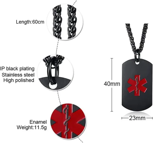 Vista 91 de VNOX Collar con colgante personalizado de acero inoxidable con grabado personalizado para identificación de alerta médica de emergencia para hombres