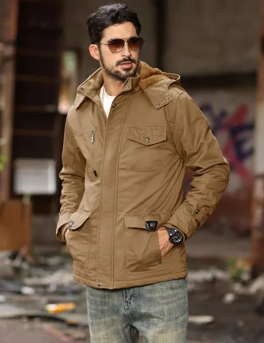Vista 2 de MAGCOMSEN Chaqueta de invierno para hombre, con forro polar de algodón, chaquetas cálidas para trabajo, abrigos militares con 6 bolsillos