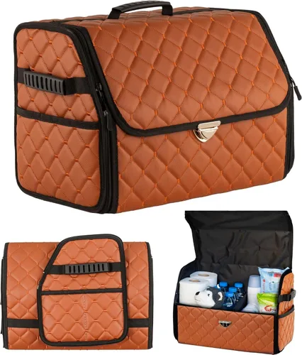 Vista 10 de Organizador de maletero de cuero con tapa para SUV y más, organizador de coche plegable, organizadores de coche y almacenamiento con bolsillos