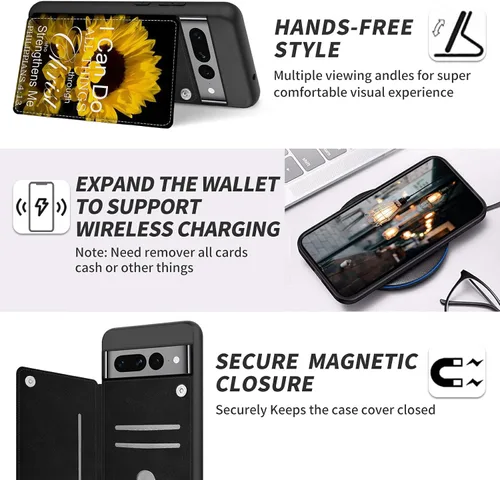 Vista 4 de Funda para Google Pixel 7 Pro con ranura para tarjetero, funda de piel sintética, doble cierre magnético y cubierta duradera de TPU a prueba