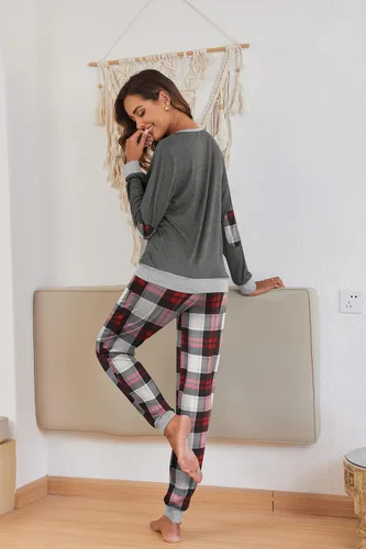Vista 5 de Ekouaer Conjunto de pijama para mujer, de manga larga, cuello redondo, cómodo, con bolsillos