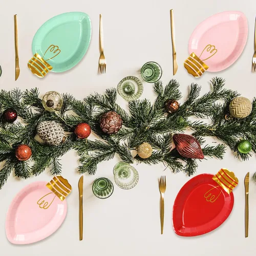 Vista 7 de Whaline 30 platos de papel de Navidad con forma de luces desechables para cena y fiesta, vajilla de vacaciones para postres ensaladas, aperitivos