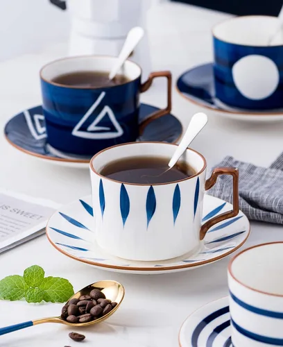Vista 4 de Jusalpha Estilo japonés impreso a mano - Taza de té de porcelana fina de 7 onzas/taza de café con cuchara y bandeja/platillo, vajilla, porción de 4