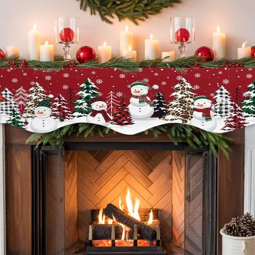 Vista 7 de Bufanda de chimenea de muñeco de nieve de Navidad, diseño de árboles de Navidad rojos, copos de nieve de invierno, bufandas para chimenea, estante