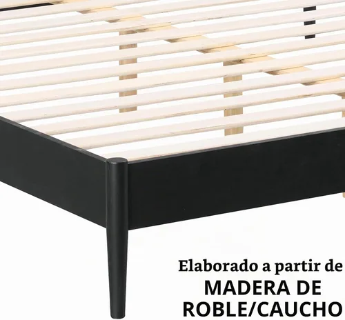 Vista 3 de NTC Lupin - Base de cama de madera con cabecero, base de madera de roble macizo y goma con listones silenciosos y soportes centrales de madera Negro