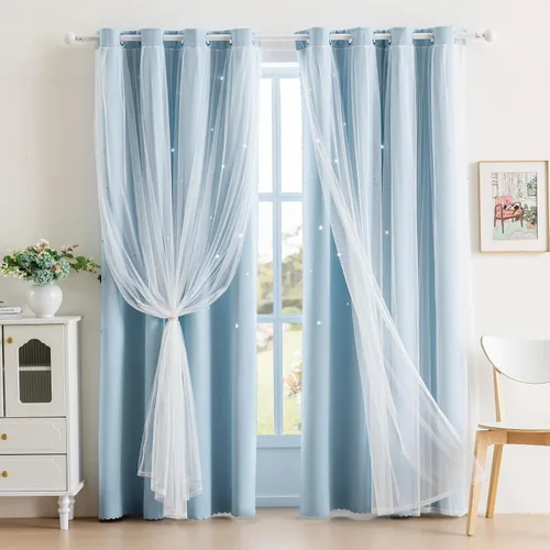 Vista 34 de indistar Cortinas opacas con recortes de estrellas para dormitorio de niña, cortinas de oscurecimiento para habitación de bebé, cortinas