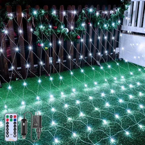Vista 9 de Ollny Luces de Red para Exteriores Luz de Malla, 210 LED de 10 x 7 pies, cable verde, luces de red de Navidad, IP67 impermeable, 8 modos enchufable