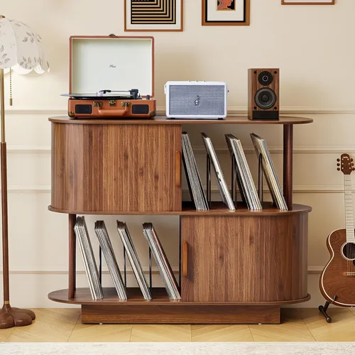 Vista 10 de Soporte moderno para tocadiscos con almacenamiento de vinilo, soporte de almacenamiento para tocadiscos negro de 40 pulgadas con puerta corredera