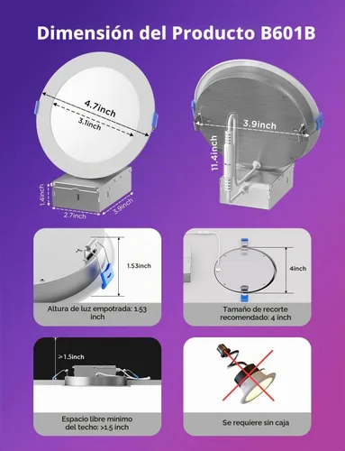 Vista 3 de Iluminación empotrable inteligente Govee de 4 pulgadas, luz LED RGBWW con conexión directa Wi-Fi Bluetooth, 65 modos de escena, compatible con Alexa