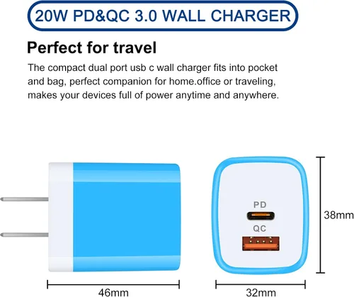 Vista 5 de Cargador de pared USB C, 2 puertos de 20 W, USB A y USB C [PD/QC 3.0], paquete de 3 adaptadores de enchufe de pared USB-C para iPhone
