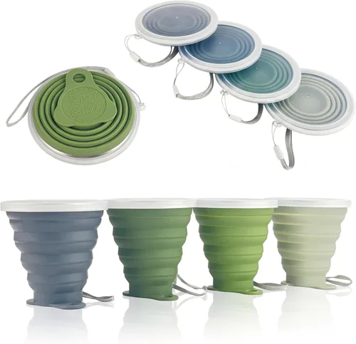 Vista 8 de ME.FAN Taza de viaje plegable de silicona - Taza de camping plegable con tapas de silicona - Juego de tazas de beber expandibles - Portátil