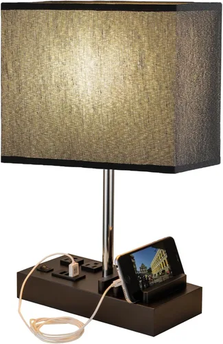 Vista 5 de Briever Lámpara de mesa USB, lámpara multifuncional de mesita de noche con 2 salidas de CA, 3 puertos de carga USB y organizador de soporte