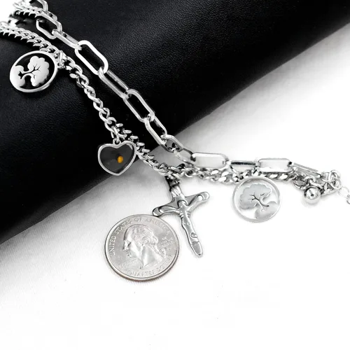 Vista 5 de Encantos Jesús Crucifijo Cruz Eslabón Cadena Pulsera Árbol de la Vida Brazaletes, Acero Inoxidable, Semilla de Mostaza Joyería Cristiana ZY077