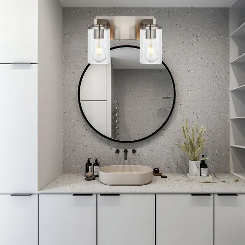 Vista 6 de BONLICHT Lámpara de pared de níquel cepillado de 2 luces con pantalla de cristal transparente, luces industriales de baño para interiores sobre