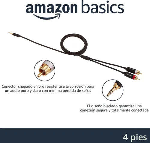 Vista 2 de Amazon Basics Adaptador de cable de audio estéreo auxiliar a 2 RCA de 0.138 in para sonido, amplificadores de conexión, altavoces, teléfono