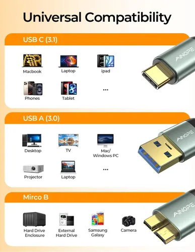 Vista 8 de AINOPE Micro B a USB C de 10 Gbps, cable de disco duro externo de 1.5 pies, cable de disco duro trenzado de nailon, compatible con MacBook Pro/Air