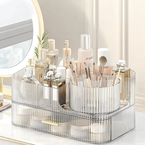 Vista 2 de DASITON Organizador de Maquillaje con Cajones y Soporte Giratorio para Brochas de Maquillaje, Organizador de Cosméticos Apilable de Gran Capacidad