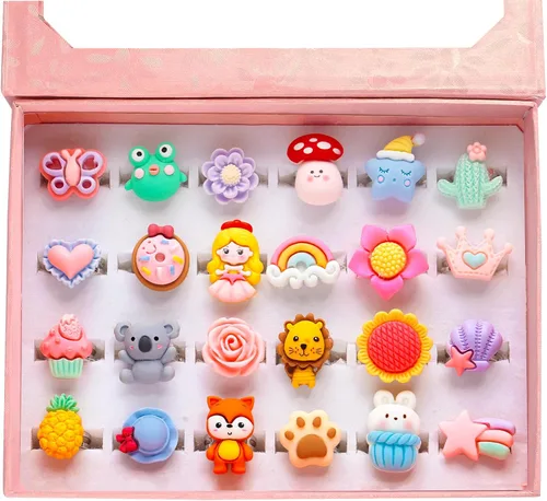 Vista 8 de PinkSheep Little Girl Jewel Rings Pink,Adjustable Princess Ring Set in Gift Box,Kids Dress Up Rings for Ages 3-12 with Butterfly, Fox, Rainbow