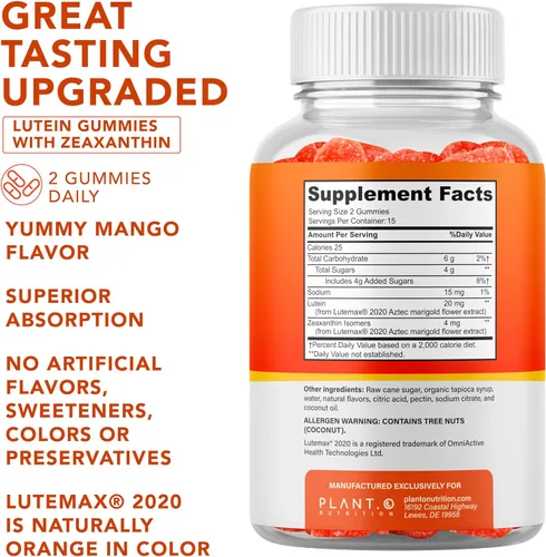 Vista 2 de PLANT.O NUTRITION Gomitas de luteína y zeaxantina – Deliciosas vitaminas veganas para la salud ocular clínicamente estudiadas 20 mg de luteína