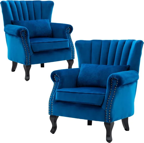 Vista 12 de Juego de 2 sillas decorativas modernas de mediados de siglo, sillón de tela de lino con respaldo acolchado/patas de madera, sillón de descanso