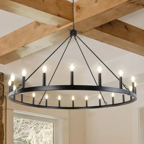 Vista 9 de Candelabro de rueda de vagón, 6 luces, rústico, rústico, de granja, de metal negro, lámpara de comedor de madera, candelabros redondos para entrada
