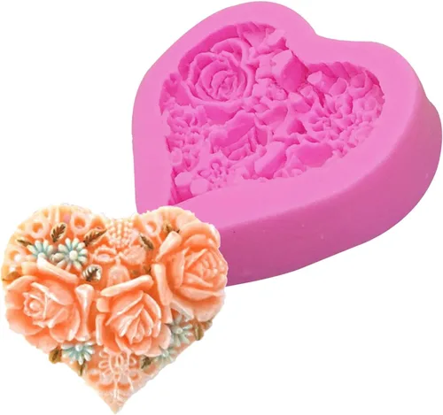 Vista 4 de Molde de jabón de silicona con corazón de rosa, flor de rosa, fondant, azúcar, chocolate, caramelo, pastel, regalo, día de San Valentín