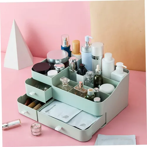 Vista 5 de Housoutil 1pc Household Makeup Organizer with Drawer Green Plastic Cosmetic Storage Box for Lipstick Skincare and Brushes Desktop Organizer for