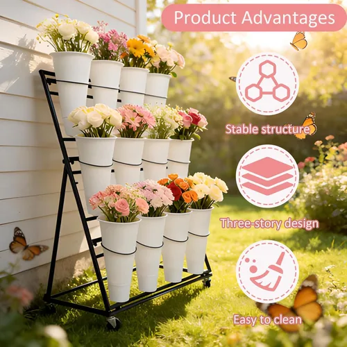 Vista 7 de Soporte de exhibición de flores de 3 niveles, soporte móvil de metal para plantas con 12 cubos, carrito de flores con ruedas, adecuado