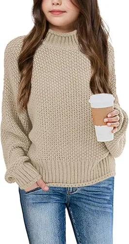 Vista 19 de Imily Bela Suéteres de Cuello Alto para Niñas Niños Ropa de Punto con Manga Murciélago Suéter Grueso Pullover Jumper A-Apricot