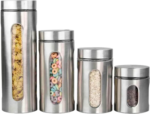 Vista 8 de Conjunto de botes de cocina retro para encimera (juego de 3 piezas) turquesa de Home Basics - Contiene ventanas transparentes; ideal para harina