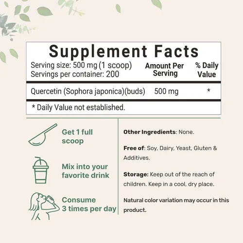 Vista 2 de Polvo de dihidrato de quercetina pura, quercetina 500 mg por porción, 3.53 oz, grado más biodisponible y sin relleno, potente antioxidante que apoya