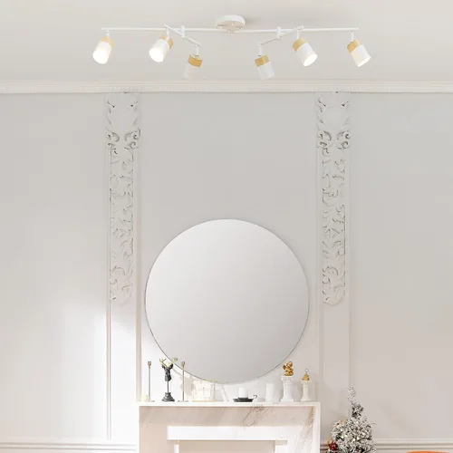 Vista 3 de Globe Electric 64000055 - Iluminación de riel de 6 luces de 42", barra central doble giratoria, color blanco mate, acentos en tono madera, luz
