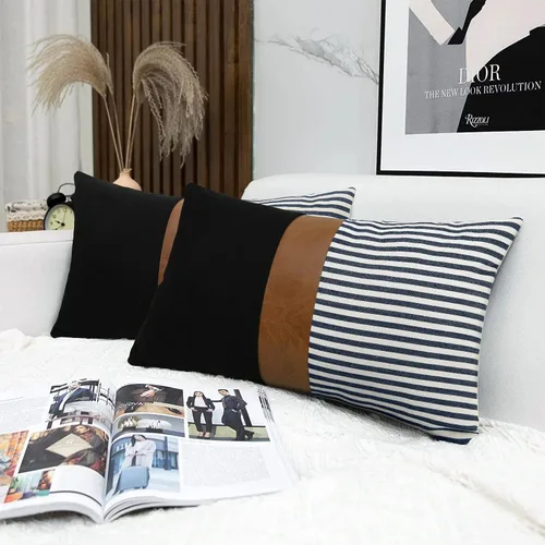 Vista 22 de Cygnus - Juego de 2 fundas de almohada de 16 x 16 pulgadas hechas de lino y de la unión de distintas telas con diseño de rayas para decoración Negro