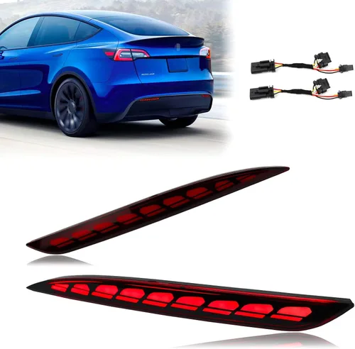 Vista 7 de Reflector de parachoques de niebla trasero con lente roja, luz trasera de freno intermitente secuencial, luces de señal 3 en 1, compatible con Tesla