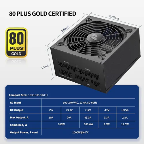 Vista 2 de Fuente de alimentación de 1000 W 80+ Gold completamente modular PSU, ATX 3.0 y PCIE 5.0, ES1000