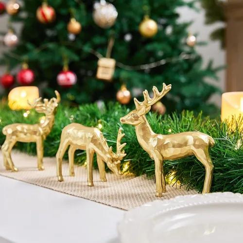 Vista 5 de Juego de 3 estatuillas de reno de resina para decoración navideña, estatuillas de reno doradas para mesa, pequeñas estatuillas decorativas de ciervo