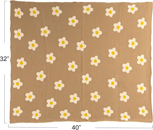 Vista 2 de Creative Co-Op Manta de punto de algodón para bebé con flores impresas, marrón y blanco Flores de color beige