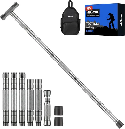Vista 15 de aiGear G3 Tactical Walking Stick Self Defense, Upgraded Durable Hiking Stick with Multitool Adjustable 5-8 Tubes Modular Design for Hiking Camping