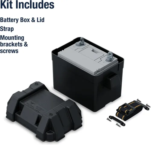 Vista 5 de Attwood 9082-1 Caja de batería pequeña con kit de montaje y correa, compatible con baterías de la serie 16 y U1, color negro