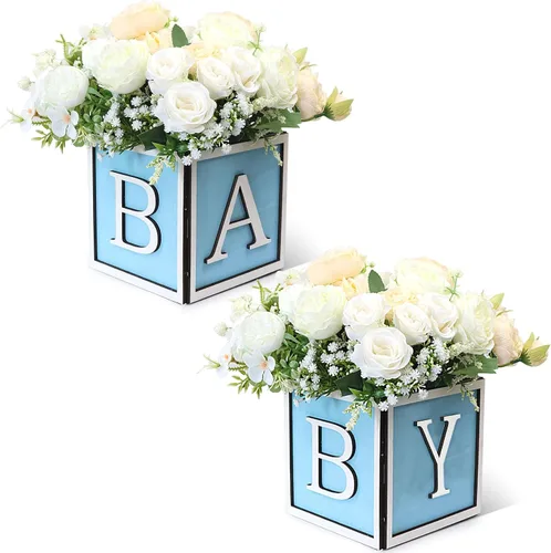Vista 8 de Juego de 4 centros de mesa de baby shower para mesas, cajas de madera de 6 pulgadas con letras de bebé, cubos rústicos, bloques de madera para Rosa