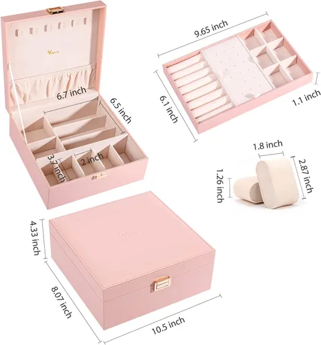 Vista 5 de Voova Joyero organizador para mujeres y adolescentes, estuche grande de almacenamiento de 2 capas, soporte de joyería de piel sintética con bandeja