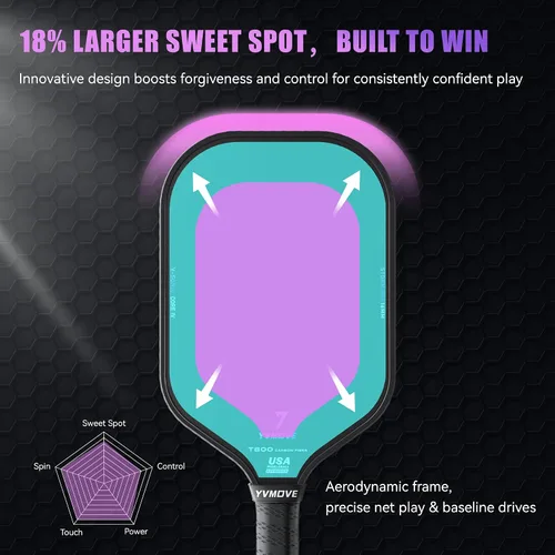 Vista 5 de YVmove USAPA Approved T800 Carbon Fiber Pickleball Paddle with 16mm Dynamic Core, Premium Pickle Ball Thermoformed Unibody, Elongated