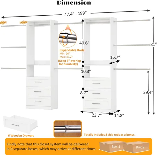 Vista 2 de Sistema de armario con 2 juegos, sistema organizador de armario de 4 pies a 15 pies con 6 cajones de madera, sistema de almacenamiento de armario