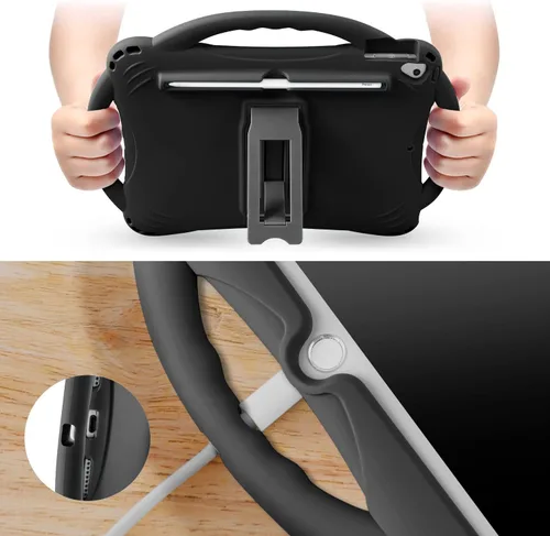 Vista 5 de TopEsct Funda infantil para iPad de 10.2 pulgadas, funda de silicona a prueba de golpes con protector de pantalla de vidrio templado y correa, Negro