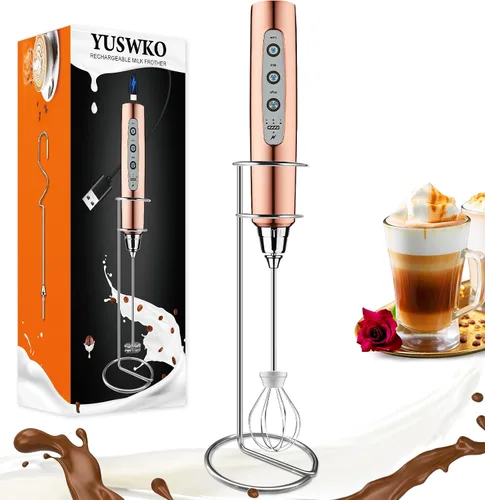 Vista 44 de YUSWKO Baby Blue - Varita espumadora de leche de mano para café, batidor eléctrico recargable con 3 cabezales, 3 velocidades, mezclador de bebidas